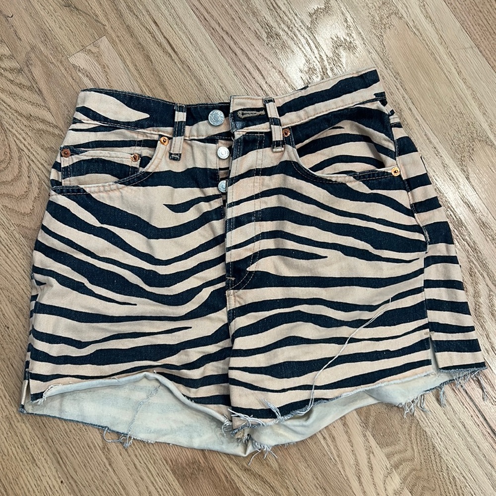 Re/Done cream and black denim high waisted zebra shorts